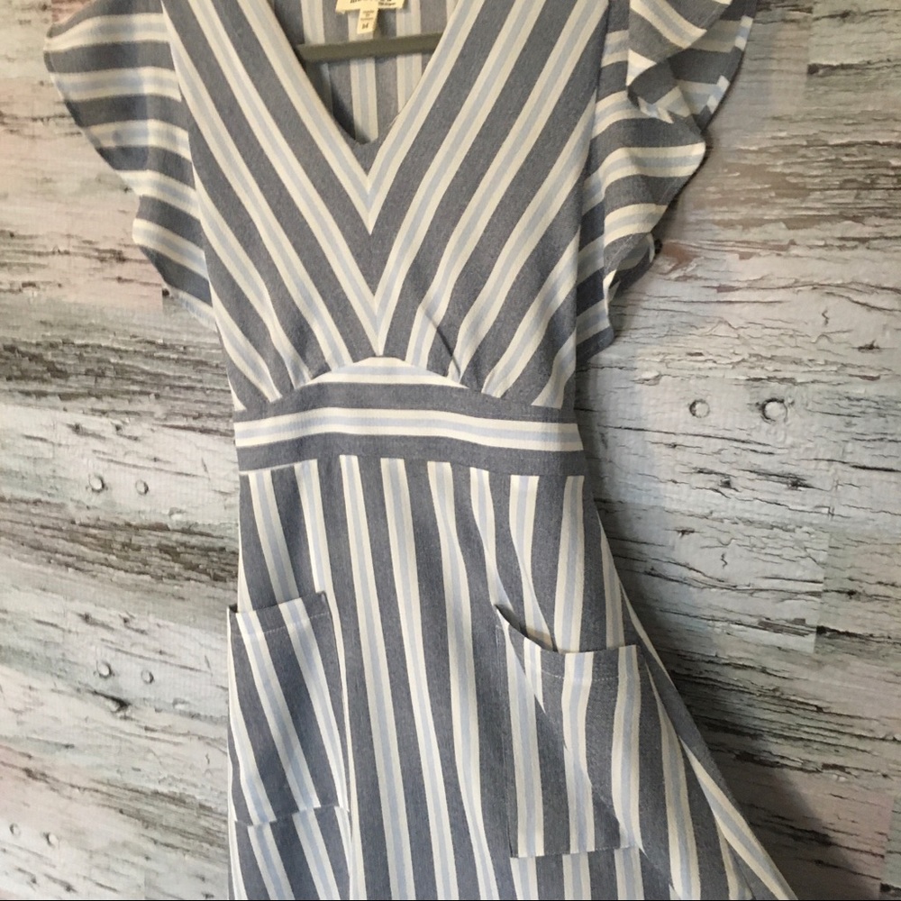 Striped Ruffle trim Belted Dress with Pockets